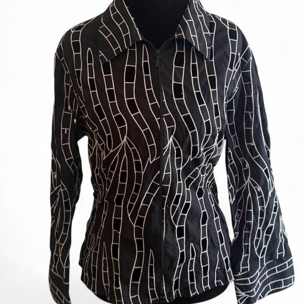 Vintage D&Y Women Black White Striped Cutout Zipper Jacket Blouse XL Officewear